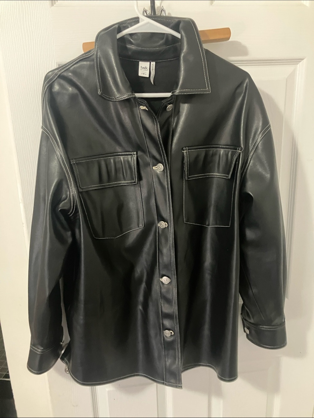 twik Black Faux-Leather Button Shirt Jacket